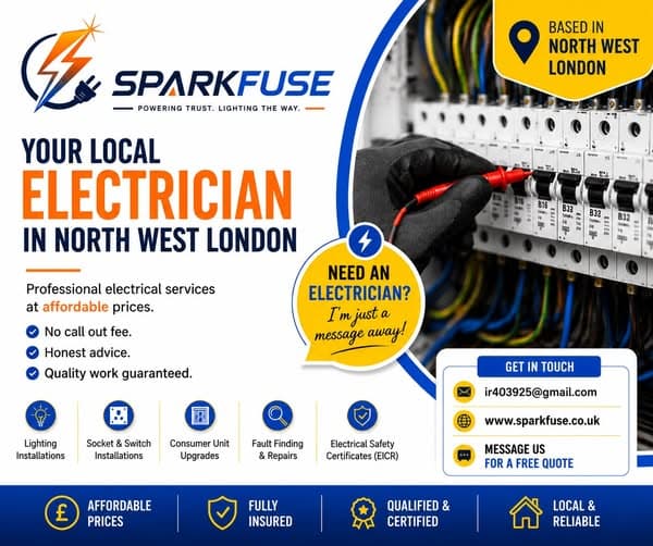 SparkFuse local electrician in North West London providing affordable electrical services, fuse board upgrades, and fault finding